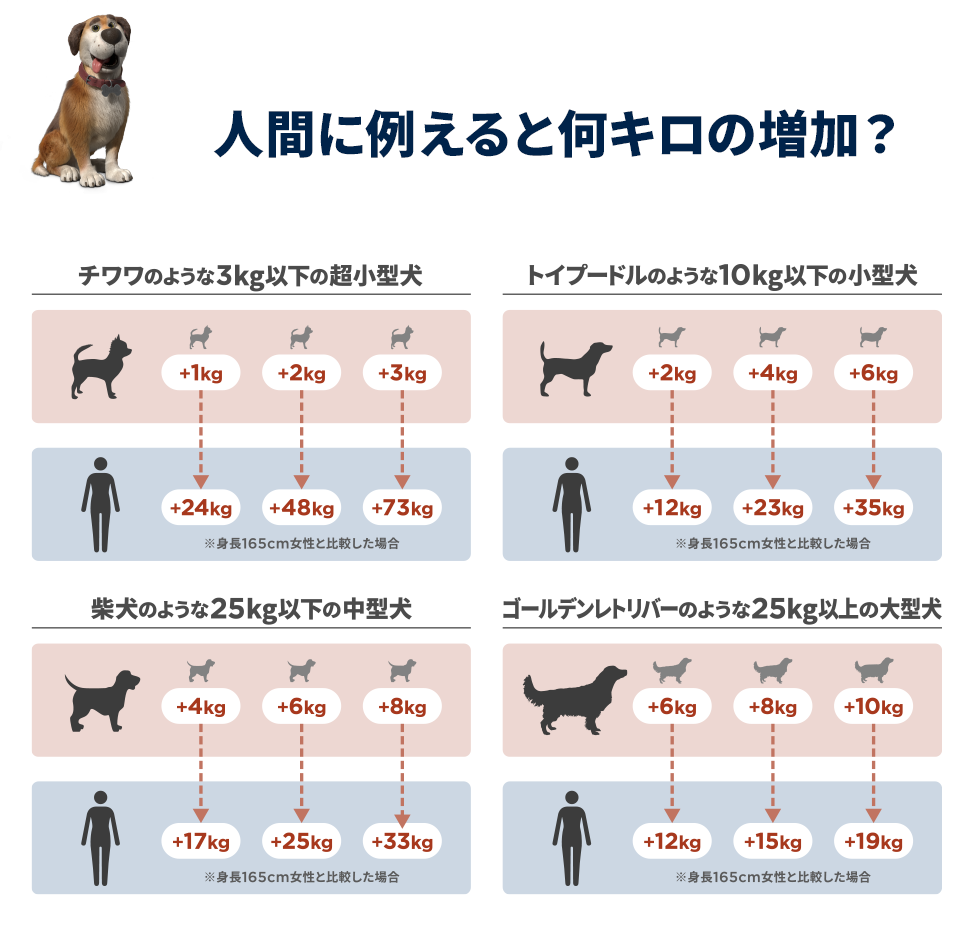 ペットの体重増加は、人の何倍も負担をかけます。人間に例えると何キロの増加？