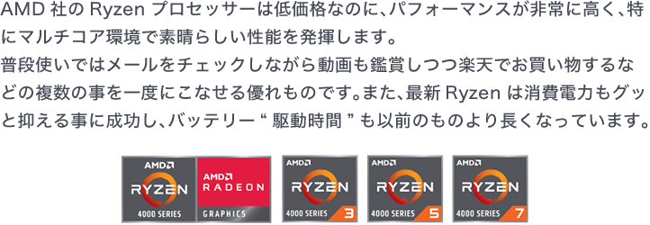 AMD社のRyzenプロセッサーは低価格なのにパフォーマンスが非常に高く、特にマルチコア環境で素晴らしい性能を発揮します。普段使いではメールをチェックしながら動画も鑑賞しつつ楽天でお買い物するなどの複数の事を一度にこなせる優れものです。また、最新のRyzenは消費電力もグッと抑えることに成功し、パソコンのバッテリー駆動時間も以前のものより長くなっています。