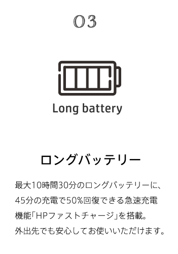 03 ロングバッテリー 最大10時間30分のロングバッテリーに、45分の充電で50%回復できる急速充電機能「HPファストチャージ」を搭載。外出先でも安心してお使いいただけます。