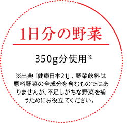 1日分の野菜｜350g分使用　※出典「健康日本21」、野菜飲料は原料野菜の全成分を含むものではありませんが、不足しがちな野菜を補うためにお役立てください。