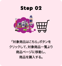 Step 02 「対象商品はこちら」ボタンをクリックして、対象商品一覧より商品ページに移動し、商品を購入する。
