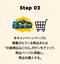 Step 02 本キャンペーンページに掲載されている商品 または「対象商品はこちら」ボタンをクリック、商品ページに移動し、商品を購入する。