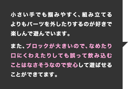 小さい手でも掴みやすく、組み立てるよりもパーツを外したりするのが好きで楽しんで遊んでいます。また、ブロックが大きいので、なめたり口にくわえたりしても誤って飲み込むことはなさそうなので安心して遊ばせることができてます。