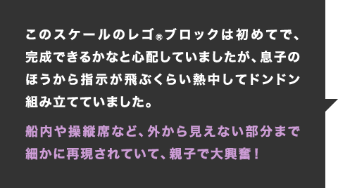 このスケールのレゴブロックは初めてで、完成できるかなと心配していましたが、息子のほうから指示が飛ぶくらい熱中してドンドン組み立てていました。船内や操縦席など、外から見えない部分まで細かに再現されていて、親子で大興奮！