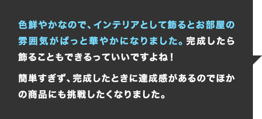 色鮮やかなので、インテリアとして飾るとお部屋の雰囲気がぱっと華やかになりました。完成したら飾ることもできるっていいですよね！簡単すぎず、完成したときに達成感があるのでほかの商品にも挑戦したくなりました。