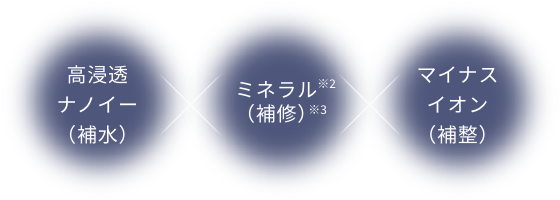 「高浸透ナノイー（補水）」「ミネラル（※2）（補修）（※3）」「マイナスイオン（補整）」