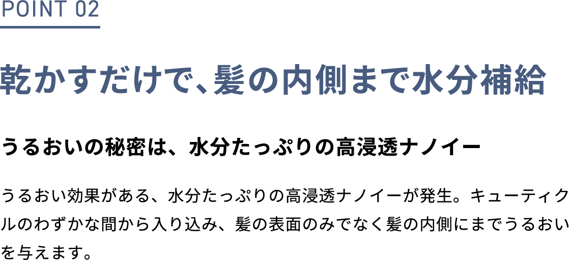 POINT 02 乾かすだけで、髪の内側まで水分補給 うるおいの秘密は、水分たっぷりの高浸透ナノイー うるおい効果がある、水分たっぷりの高浸透ナノイーが発生。キューティクルのわずかな間から入り込み、髪の表面のみでなく髪の内側にまでうるおいを与えます。