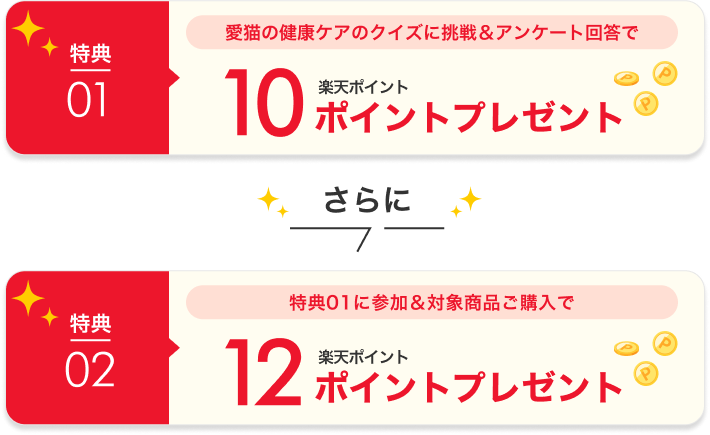 特典01 愛猫の健康ケアのクイズに兆円&アンケート回答で楽天ポイント10ポイントプレゼント さらに 特典02に参加&対象商品ご購入で楽天ポイント12ポイントプレゼント