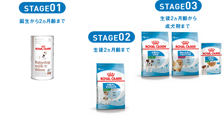 STAGE01 誕生から1ヵ月齢まで  STAGE02 生後2ヵ月齢まで  STAGE03 生後2ヵ月齢から 成犬期まで