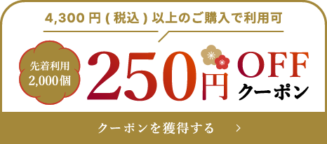 4,300円(税込)以上のご購入で利用可 先着利用2,000個250円OFFクーポン クーポンを獲得する